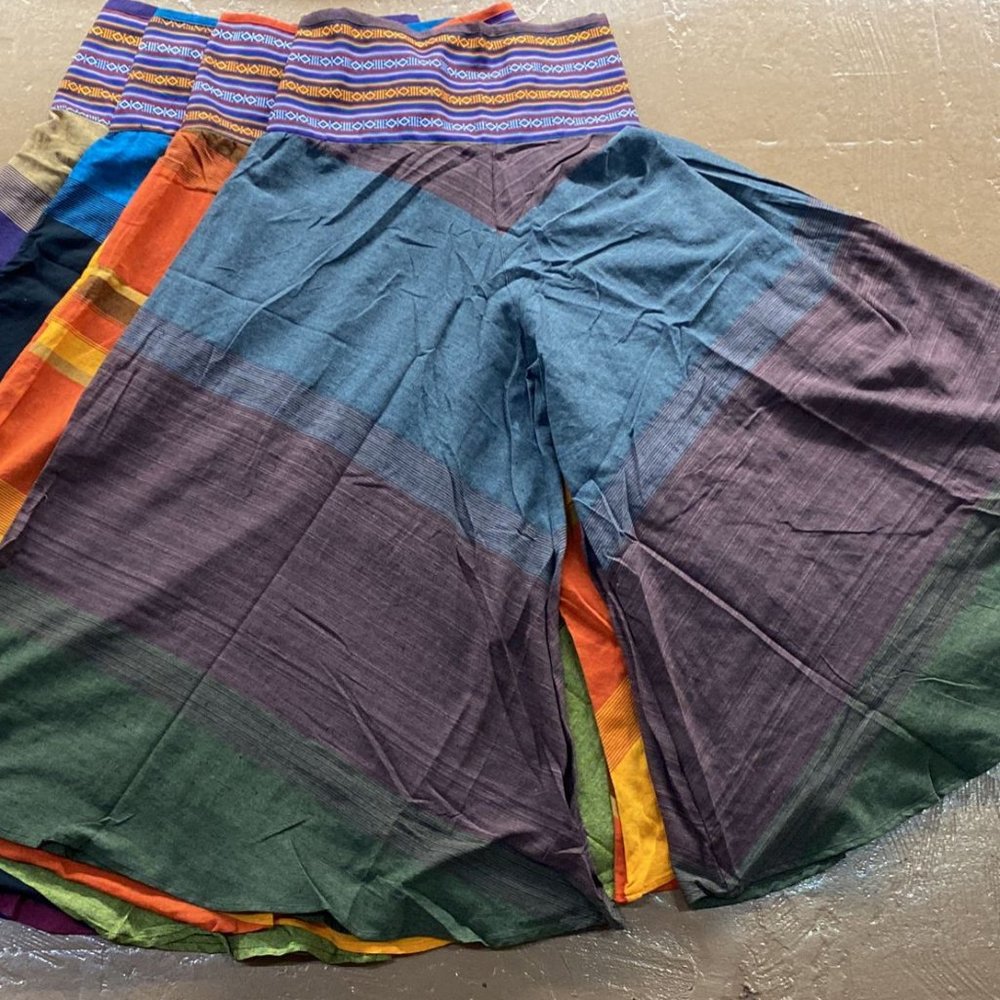 (SOLD) Bhutani Cotton Waist Wide-Leg Flare Pants - Tri Color (Plum) - Picture 1 of 3